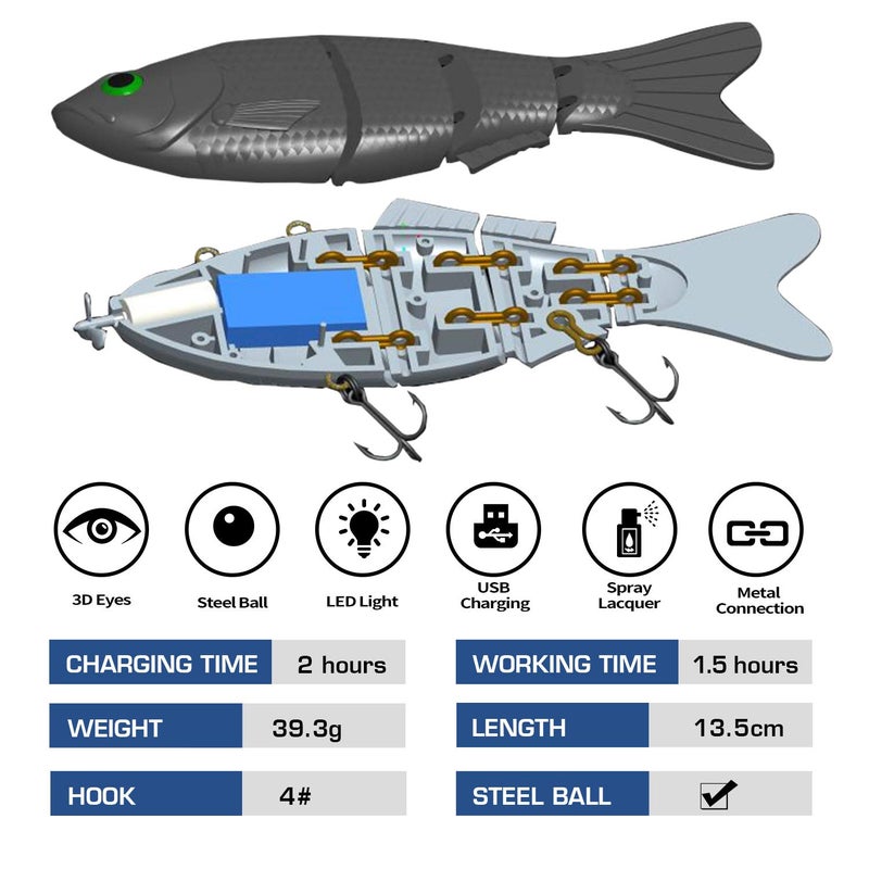 watalure Upgradation Robotic Swimming Fishing Electric Lures 5.12" USB Rechargeable LED Light 4-Segement Wobbler Multi Jointed Swimbaits Hard Lures Fishing Tackle - Image 2
